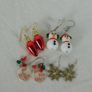 Lot of 4 Christmas Hook Pierced Fashion Earrings Snowmen Snowflake Bulb Ho Ho Ho